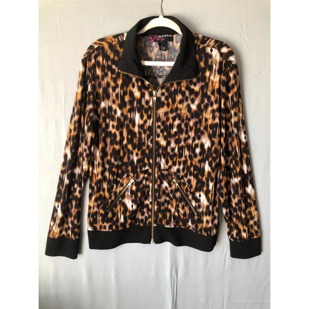 Peck & Peck Womens Full Zip Leopard Bomber Jacket sz XL Gold Color Hardware